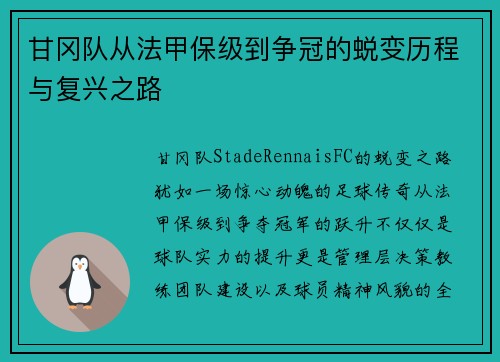 甘冈队从法甲保级到争冠的蜕变历程与复兴之路